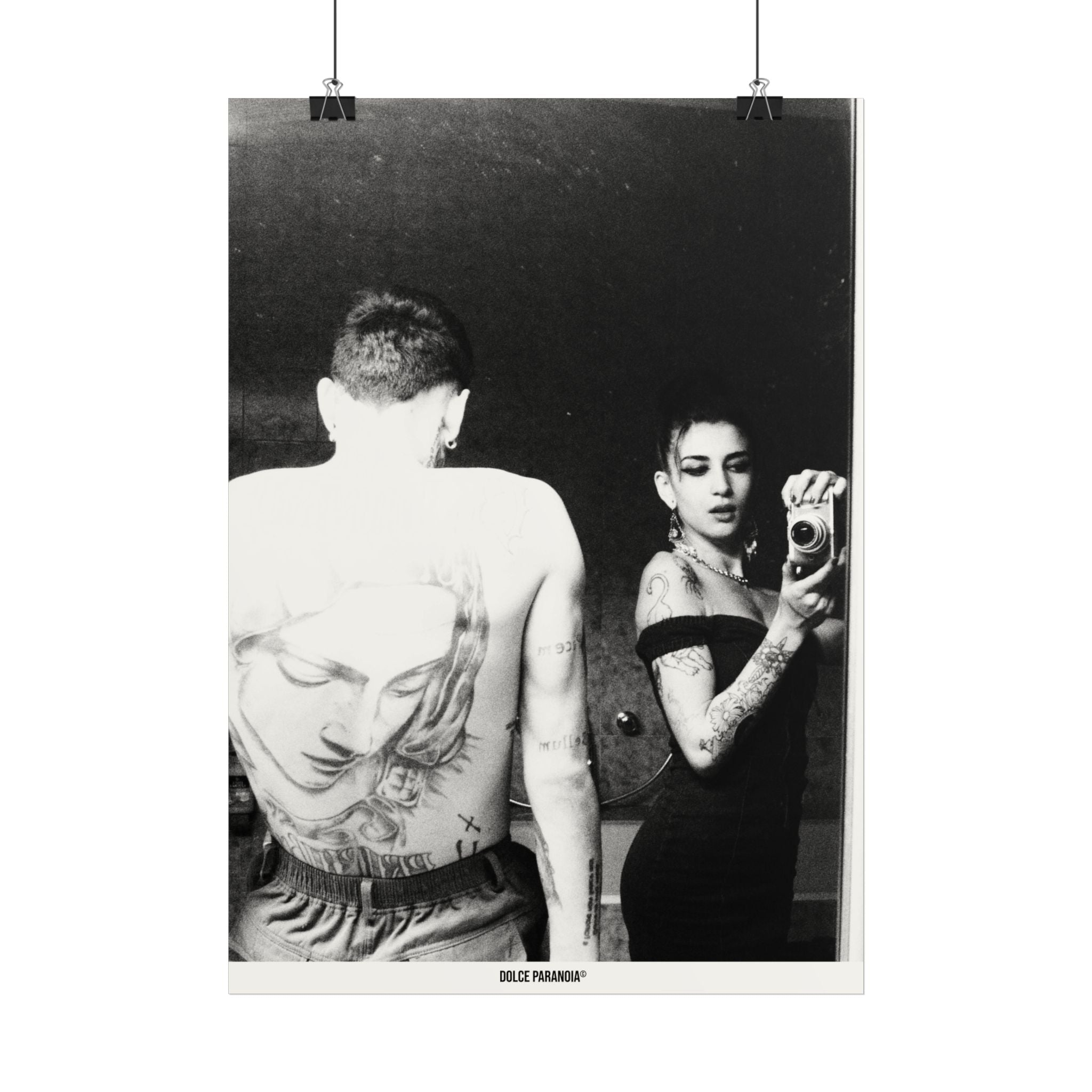 Black & White Tattooed Couple Poster — Retro Mirror Selfie Wall Art